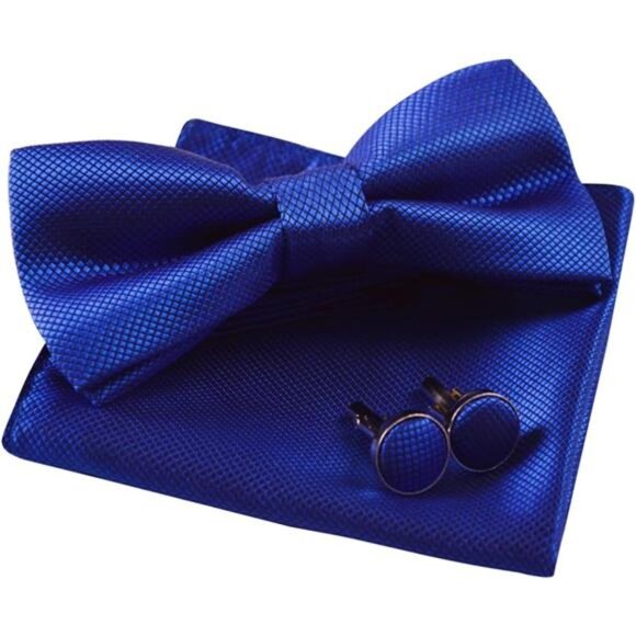 Mens Solid Color Mini Squares Formal Banded Pre-tied Bow Ties, Pocket Square - Picture 1 of 8